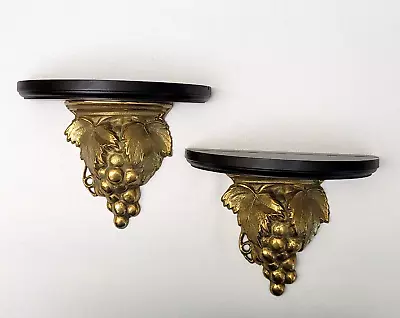 Wood & Brass Mahogany Wall Shelf Grape Cluster Leaves VTG W/Plate Groove - Pair • $159.95