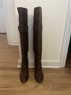 Moschino Over The Knee Boots Thigh High 38.5 38 1/2 Brown Leather Buckles Zip • $124