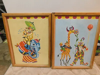 Vtg Original Painting Set Pair Clown Balloons Giraffe Monkey Bear On Elephant  • $79.99