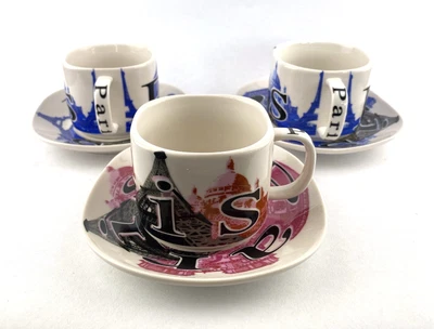 £12 • Buy 3 X French ‘PARIS’ Decorated Cafe Cups & Saucers Tea Coffee Blue & Pink