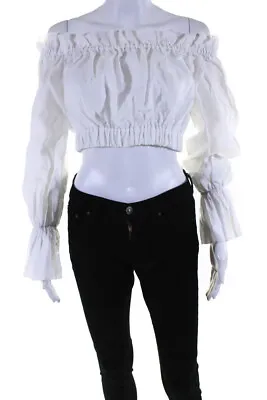 Staud Womens Tristan Long Sleeve Off Shoulder Ruffle Crop Top White Linen Small • $59.99