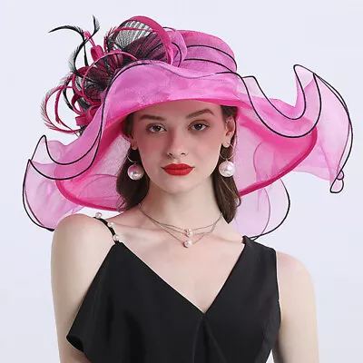 Women Organza Church Hat Wide Brim Bowknot Floral Cap For Wedding Tea Party • £22.69