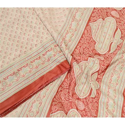 Sanskriti Vintage Ivory/Red Sarees Art Silk Printed Sari Floral Craft Fabric • $27.38