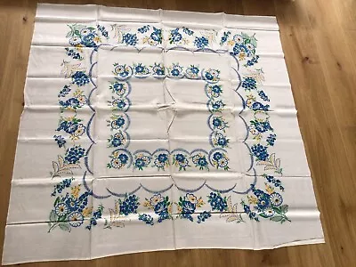 Vintage Hand Printed NEW UNUSED Tablecloth 50” X 50” Blue Yellow Floral • $30.31