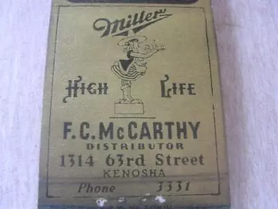 1930's Mahoney's Tavern MILLER HIGH LIFE F C McCarthy Dist Kenosha WI Matchcover • $24.99