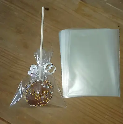 100 X CLEAR CELLO DISPLAY BAGS FOR LOLLIPOPS CAKE POPS SWEETS 6 X 8  & Gold Ties • £5.95