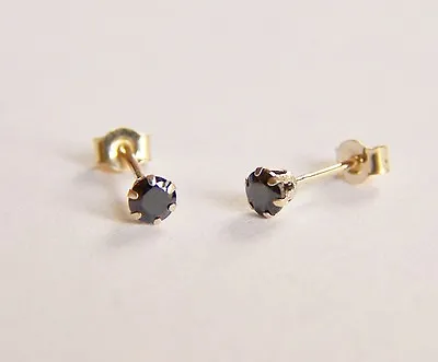 9ct Gold 3mm Tiny Small Round Black Sapphire Stud Earrings Girls X'mas GIFT BOX • £15.50