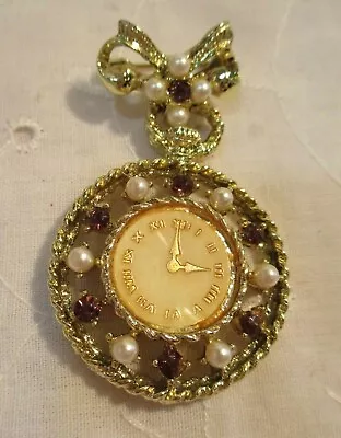 VINTAGE 50s FAUX Pearls & Purple Rhinestone  Clock/Watch Face  Pin Brooch 2  • $10.44