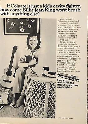 PRINT AD 1973 Billie Jean King Colgate Toothpaste - Won’t Brush W Anything Else • $7.77