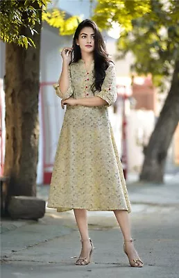 L Cotton Beige Kurtis Indian Floral Printed Designing Kurtis Traditional Kurtis • $45.78