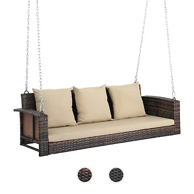 3-Person Patio PE Wicker Hanging Porch Swing Bench Chair With Soft Cushion • $136.99