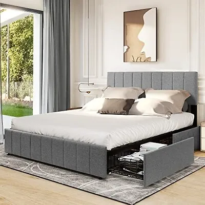 King Size Bed Frame Upholstered Platform W/ Storage Drawer+Adjustable Headboard • $236.50