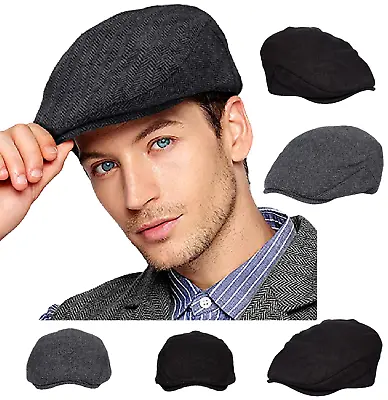 £11.99 • Buy Mens Flat Cap Gatsby Tweed Black Peak Hat Herringbone Newsboy Cap S-XXL