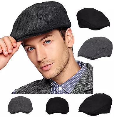 Mens Flat Cap Gatsby Tweed Black Peak Hat Herringbone Newsboy Cap S-XXL • £10.99