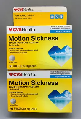 CVS Health Motion Sickness Dimenhydrinate 50mg 2 Pack X36 Tablets Each Exp 1/25+ • $11.94