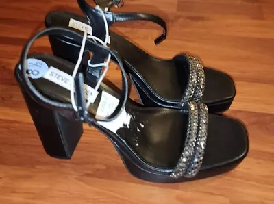 Steve Madden Platform Sandals Chunky Heels Black Rhinestones Women's Size 8.5 • $7