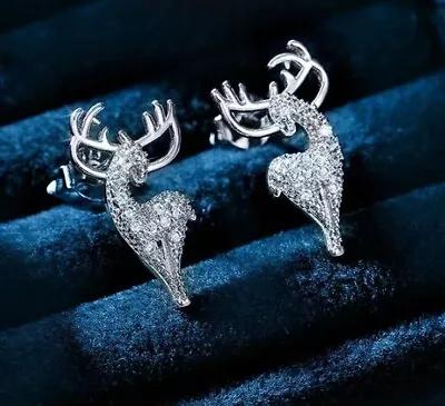 Festive Christmas Reindeer Elk Stud Earrings Alloy Sparkling Zirconia Kids • $12.85