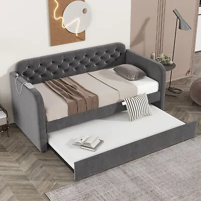 Twin Size Upholstered Daybed With Trundle And USB Ports Velvet Sofa Bed Frame • $352.86