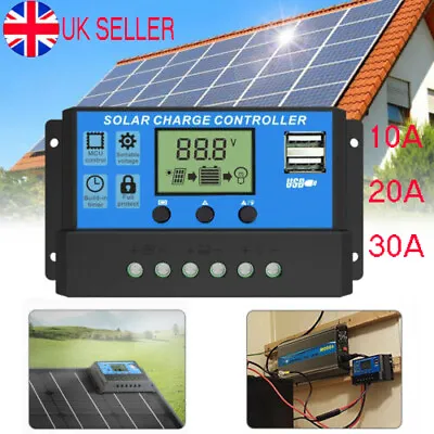 Solar Panel 30A 20A 10A Battery Charge Controller 12V/24V LCD Regulator Dual USB • £8.44