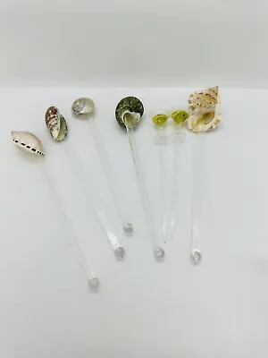 5 Vintage Marjess USA Real Sea Shell SWIZZLE STICKS Plus 2 Martini Olive Picks • $20