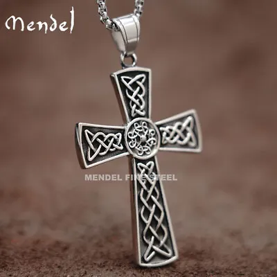 MENDEL Mens Stainless Steel Irish Celtic Knot Cross Pendant Necklace For Men • $11.99