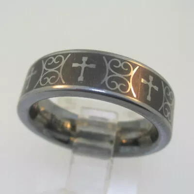 Tungsten Carbide Grey Black Cross Pattern Wedding Ring Band Size 6 • $59