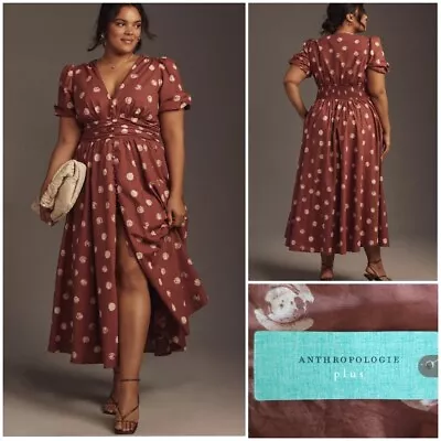 Anthropologie The Katerina Button Front Dress Puff Sleeves Brown 2X - NWT $178 • $118