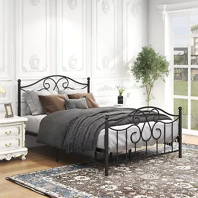 Bed With Vintage Headboard And Footboard Metal Bed Frame With Premium Steel Slat • $169.86