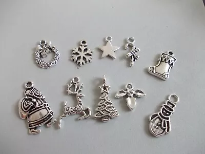 10 X  Christmas Theme Silver Tibetan Metal CharmsPendantXmas Jewellery Making • £2.99