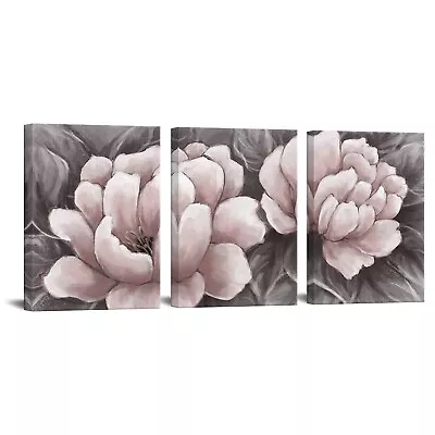 Pink Blossom Floral Painting Vintage Wall Art Lotus Flower Picture 3 Piece Ca... • $104.18