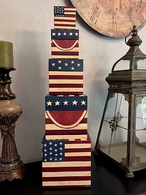 Warren Kimble COLONIAL FLAG Nesting Stacked Boxes (5) Americana ~ Amcal  EXCLNT! • $50