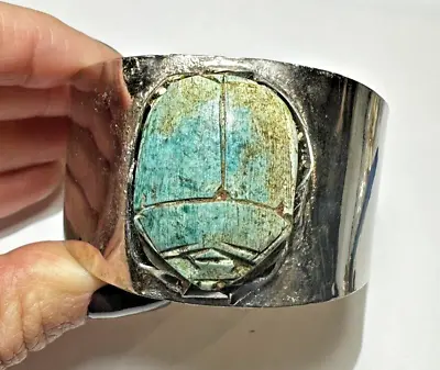 Vintage Chunky Turquoise Blue Alabaster Faience Scarab Cuff Bracelet • $62.99