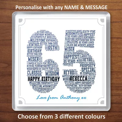 65th Birthday Personalised Word Art Drinks Coaster Gift Present 65 Sixtyfive • £4.49