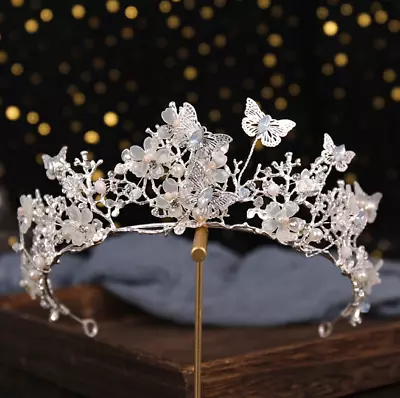 Elven Fairy Butterfly Headpiece Handmade Crystal Bead Crown Bridal Silver Tiara • $40.08