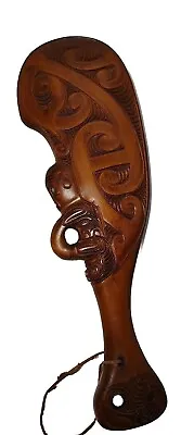 New Zealand Maori War Club Carved Wood Paua Shell Accents Vintage Art Native  • $159.99