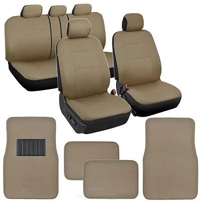 $39.95 • Buy Solid Beige Car Seat Covers Set Complete W/ Front & Rear Carpet Floor Mats