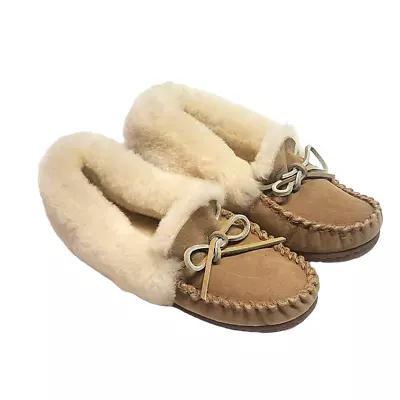 L.L. Bean Tan Suede Wicked Good Moccasins Shearling Lined Women's Size 8 • $75