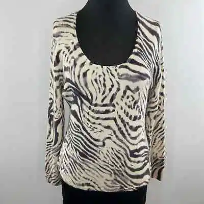 Mainbocher Cashmere White Black Zebra Print Scoop Neck Light Knit Top Sweater XL • $45