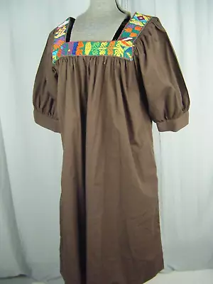 Vintage Brown Cotton Muu Muu Style Dress W/ Guatemalan Embroidery-Bust 46/L • $14.98