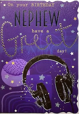 NEPHEW BIRTHDAY GREETING CARD MUSIC HEADPHONES 7”x5” FREE P&P • £2.09