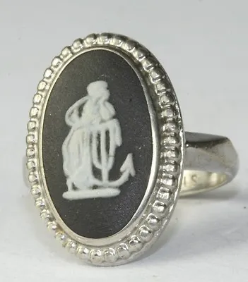 Vintage 1960's Sterling Silver Black Wedgwood Nautical Anchor Ring Size 4.25 • $75