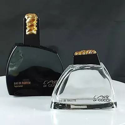 Vtg Set Of 2 Empty L'Arte Di Gucci Perfume Bottles Cobalt Blue/Clear Gold Accent • $21.01