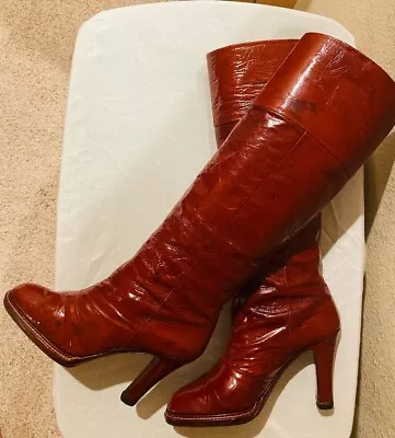 Italian Vintage Patent Leather Knee High Boots Red Size 8 • $50