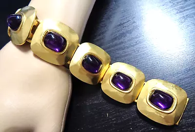 Vintage Gold Tone Purple Glass Cabochons Stunning Link Wide Bracelet. • $29.99