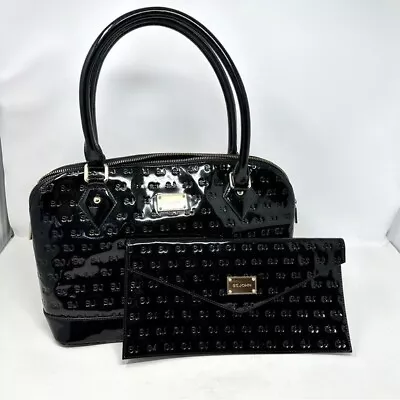 St. John Logo Embossed Black Patent Leather Handbag Purse Top Handle Clutch • $99