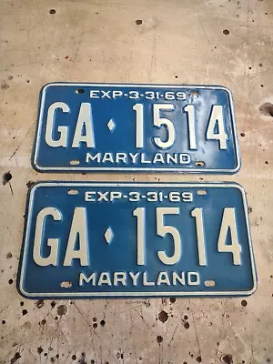 Pair Of  1969 MARYLAND  License Plates  GA  - 1514 Clean Set Hot Rod Man Cave • $42