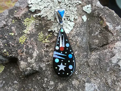 Night Sky Stars Planets Micro Inlay Gemstone Sterling Silver 925 Pendant NEW E27 • $74.95