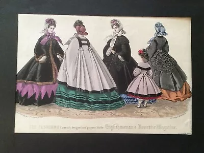 1862 FASHION PLATE COSTUME. ANTIQUE HAND COLOURED ENGRAVED PRINT 13cmX21cm (A 1) • £10