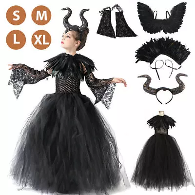 New 5Pc Set Kids Maleficent Cosplay Costume Dress Headband Girl Halloween Outfit • £19.98