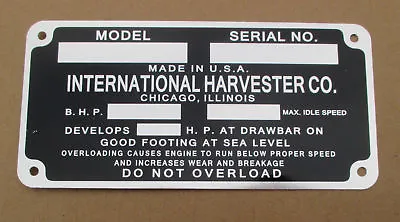 Id Serial Number Plate For Mccormick Deering W-30 W-40 • $22